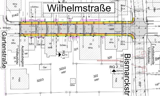 Vollausbau der Wilhelmstr. zwischen Gartenund Bismarckstr. mit Erneuerung der Kanal- und Wasserleitungen sowie Sanierung der Bismarckstr. zwischen Olga- und Jahnstraße