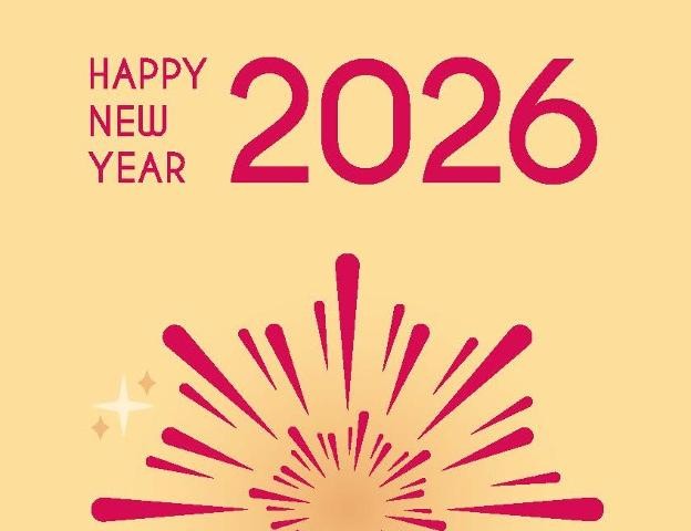 Abstraktes Bild von Feuerwerk vor pfirsichfarbenenm Hintergrund mit der Schrift Happy New Year 2026 in Rot