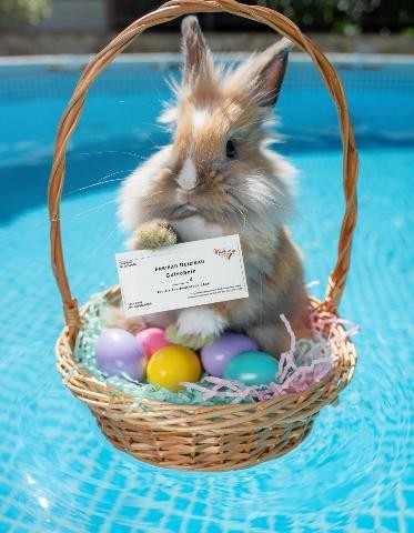 Foto eines Osterhasen, der in einem Pool in einem Osternest sitzt