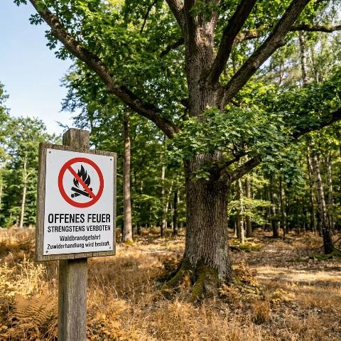 Baum Mit vertrocknetem Gras und einem Verbotsschild für offenes Feuer