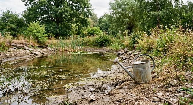 Bild eines Teiches mit niedrigem Wasserstand und einer Gießkanne