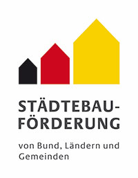 Logo mit schwarz, Rot und Gelbem Haus der Städtebauförderung von Bund, Ländern und Gemeinden